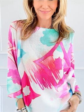 Floral Scoop Neck Summer Sweater in Pink & Aqua